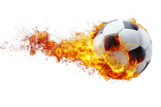 Explosive soccer action dynamic soccer ball igniting flames in mid-flight sports arena digital artwork high-energy environment close-up view passion for the game - Powered by Adobe