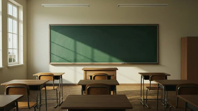 Empty classroom with wooden desks and blackboard in daylight  