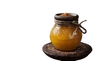 Mexican aguamiel sweet sap drink in clay jar with sugarcane stick, stylized view