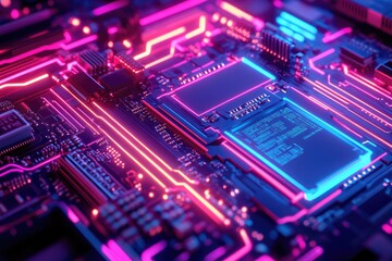 Fototapeta premium Close-up of a glowing circuit board. Neon-lit components and traces. High-tech electronic design