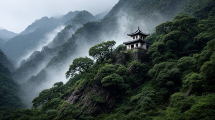 Mystical Pagoda Amongst Verdant Hills: A Serene Escape in the Misty Mountains of Asia 