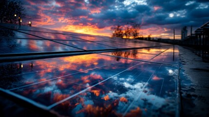 Solar Panel Symphony: Sunset Reflections on a Wet Surface of Clean Energy Technology in a Cityscape