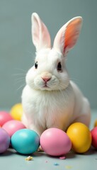 Soft white bunny next to painted eggs in rainbow hues , holiday, wildlife, spring