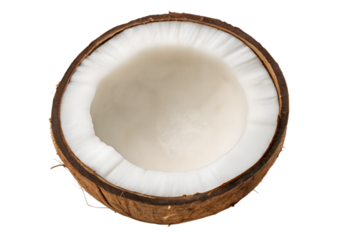 A half coconut with white flesh and brown husk is shown against a transparent background