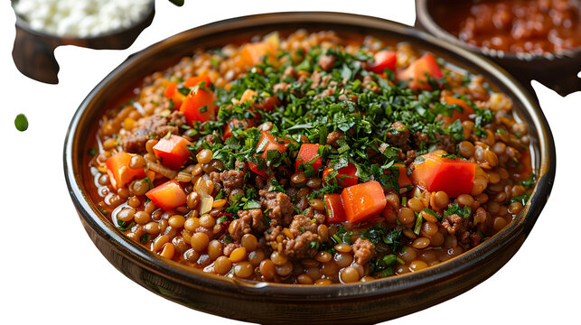 Moroccan rfissa with lentils and shredded msemen, arranged in circle, top-down PNG