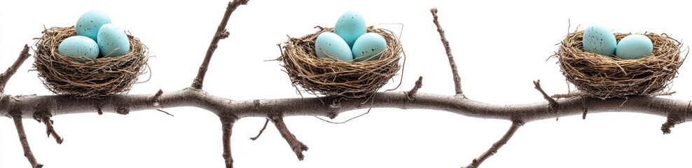 Obraz premium Three nests with light blue eggs on a branch
