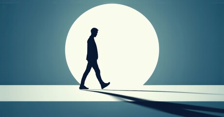 Obraz premium Silhouette walks toward bright circle. Minimalist design evokes solitude, hope, journey. Dramatic lighting creates strong contrast.