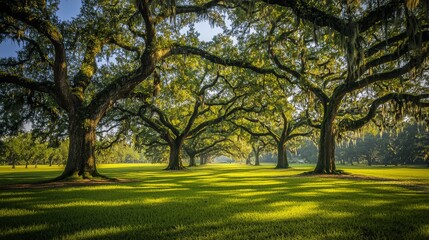 Sunlit grove of ancient oak trees with hanging moss creates a serene atmosphere in the afternoon light