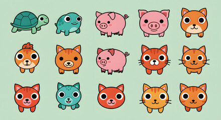 Cartoon animals Turtle, Frog, Pig, Cat