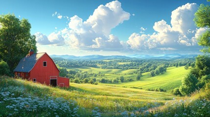 Obraz premium Picturesque red barn nestled in a verdant valley under a vibrant sky