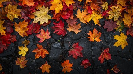 Fototapeta premium Colorful autumn leaves scattered on a dark stone surface creating a beautiful seasonal display