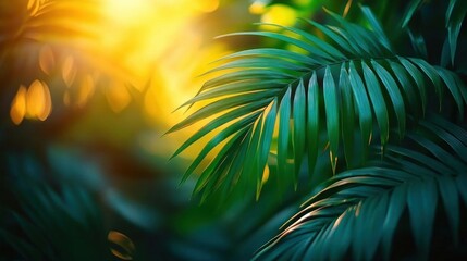 Tropical Palm Leaves Sunlight Golden Hour Nature