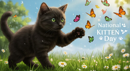 Cute Kitten Playing with Butterflies in Spring Field for National Kitten Day