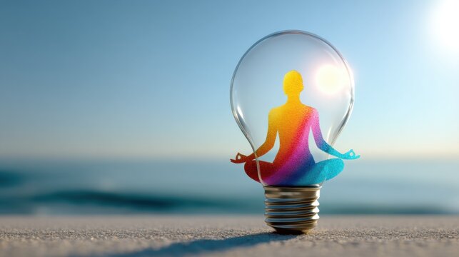 Light Bulb with Meditating Figure on Beach is a commercial-quality stock image concept ideal for digital marketing, creative design, educational content, and modern visual storytelling.