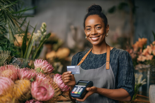 Smiling african american female florist holding credit card and POS terminal accepting payment in flower shop full of colorful flowers