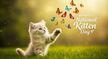 Cute Kitten Playing with Butterflies in Spring Field for National Kitten Day