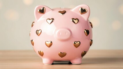 A pink piggy bank decorated with gold heart shapes sits on a wooden surface with a soft, bokeh background.