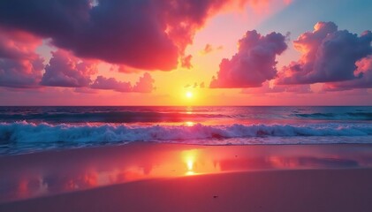 Stunning sunset over a tranquil beach, vibrant colors reflecting on the sand and water , beautiful, vibrant