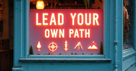 Bright neon sign displays motivational phrase. Window frame surrounds vibrant red lettering, inspiring message. Simple graphics below text.