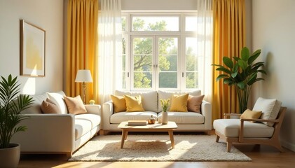Sunlight streams into a bright, clean living room, showcasing freshly laundered curtains and gleaming furniture after a thorough spring cleaning , house, interior design, furniture