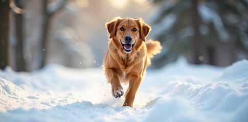 Golden retriever bounds through pristine snow, winter joy , active, christmas