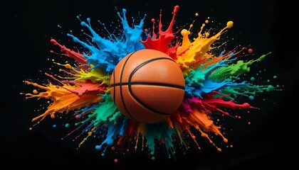 A classic basketball bursts through splashes of blue, red, yellow, and green paint