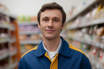 Obraz premium Confident supermarket employee wearing uniform standing in aisle looking at camera, retail and sales job concept