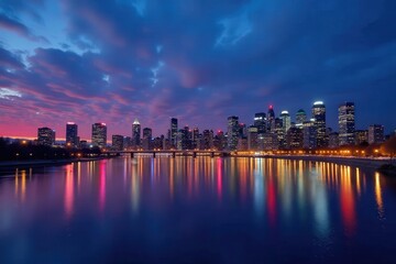 Fototapeta premium Montreal's illuminated cityscape at dusk, Saint Lawrence River, photography, cityscape, golden hour
