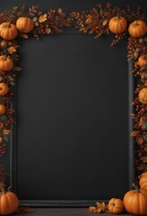 Elegant black chalkboard with a simple border, featuring perfectly arranged pumpkins and autumnal foliage ,  image,  arrangement