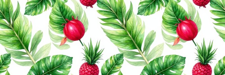 Obraz premium Seamless watercolor pitaya & palm leaf pattern , greenery, dragon fruit