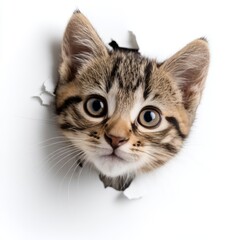 Obraz premium A small kitten peeking out of a hole in a white wall