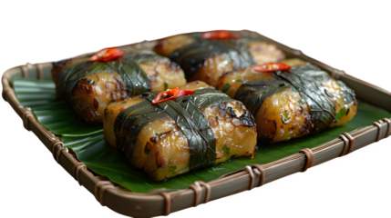 Samoan palusami (coconut taro dish) wrapped in banana leaf, plated open and stylized