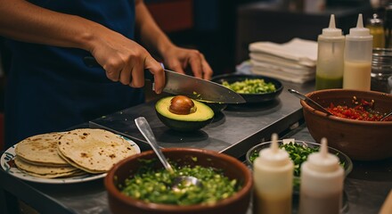 Cutting Avocado for Meal Preparation with Various Ingredients
