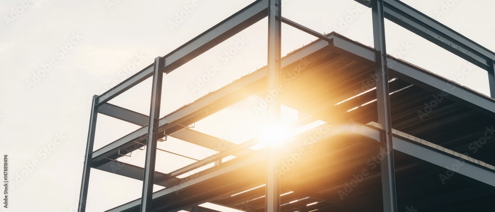 Poster steel structure construction with sunlight streaming through upward view building frame architecture