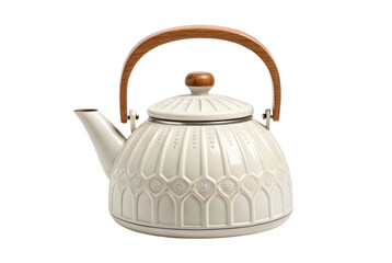 Fototapeta premium PNG Elegant ceramic teapot with wooden handle and intricate pattern design