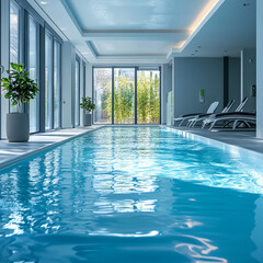 Modern swimming pool with blue water, indoors