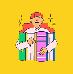 Book Lover Hugging Colorful Books Cartoon Vector Illustration