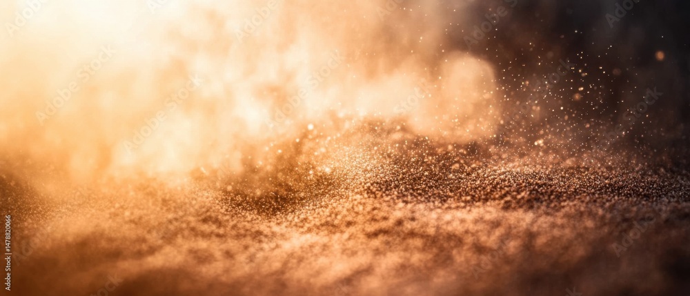 Poster golden dust particles floating in light abstract background macro shot warm tones festive atmosphere