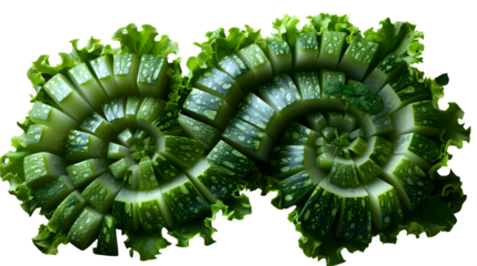 Snake gourd curved into looped spiral with segments cut, artistic food layout