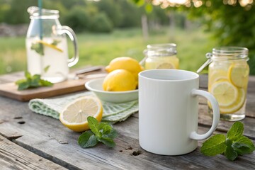 White Mug and Fresh Lemonade with Mint on Rustic Wooden Table Outdoors with Lemons, Mason Jars, and Summer Garden Background