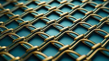 Close-up view of gold-colored metal mesh pattern on teal surface highlighting intricate design and craftsmanship