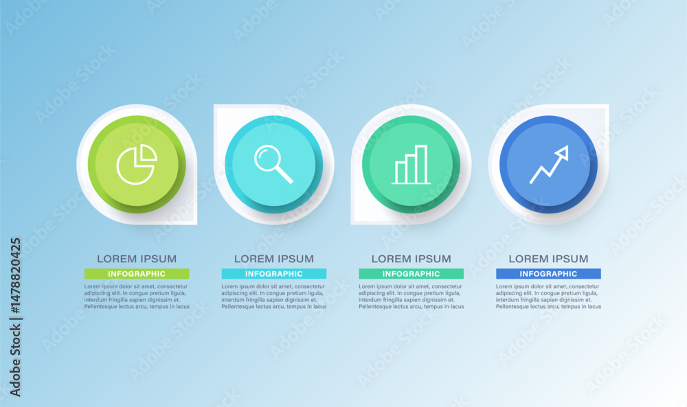 Poster horizontal infographic template for four steps or processes with business icons and space for data. 