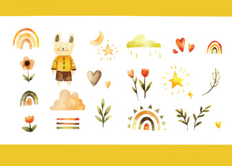 Boho Watercolor Bunny and Nature Clipart,Cute Boho Bunny with Rainbows and Flowers,Hand-Painted Boho Woodland Elements for Kids
Watercolor Nursery Clipart with Bunny and Rainbows
Warm Boho Spring Illu