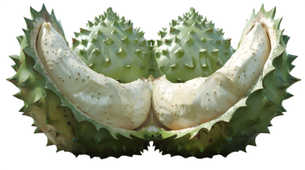 Soursop fruit with green prickled skin and creamy white interior, split open, isolated PNG