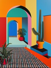 Vibrant interior with colorful walls, plants, and geometric patterns.