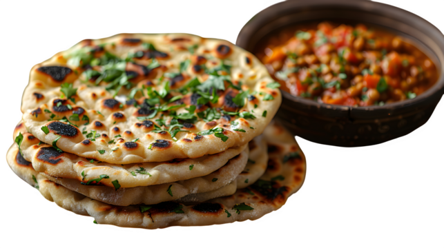 South Sudanese kisra bread with lentil dip, served cultural style, floating flat lay