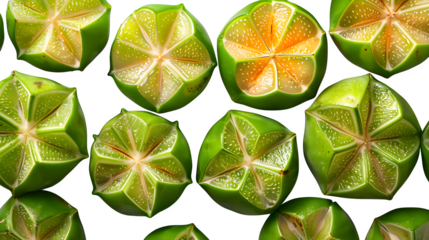 Starfruit (carambola) sliced in cross-sections with five-point star shape, flat lay, white background