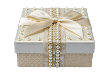 PNG Elegant pearl-embellished gift box with cream ribbon on lace pattern