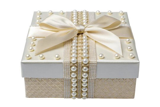 PNG Elegant pearl-embellished gift box with cream ribbon on lace pattern