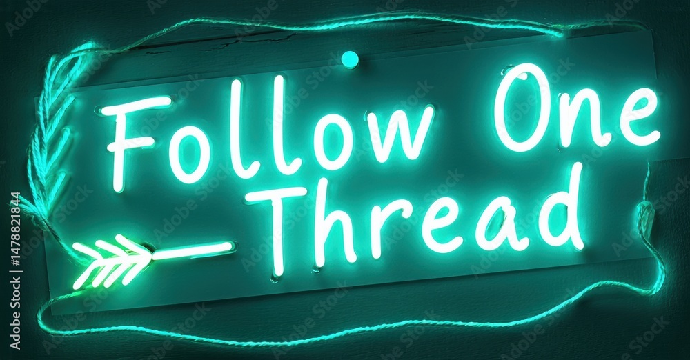 Poster Bright neon sign displays text Follow One Thread. Arrow points right. Dark background enhances glowing turquoise illumination. Simple, modern design.